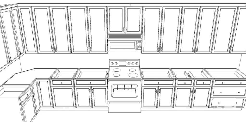 Black and white line drawing showing an architectural layout for upper and lower kitchen cabinetry.